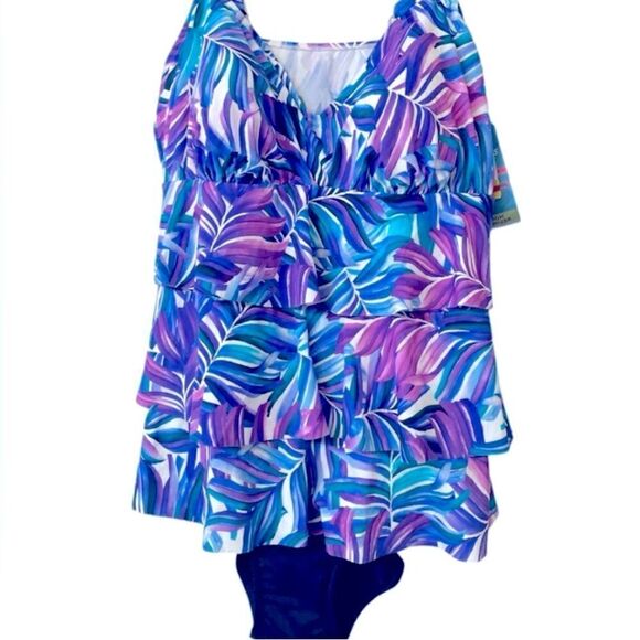 SWIM SOLUTIONS Women's Tummy-Control Faux-Tankini One-Piece Swimsuit, size 8 New - Picture 2 of 7